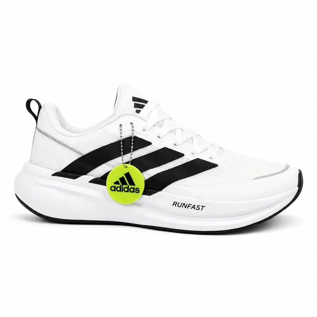 A white Adidas running shoe with black three-stripes and a bright yellow-green hanging tag, shown against a plain white background.