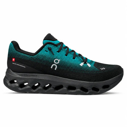 A single On Cloudrunner sneaker in black and teal, featuring a black knit upper, teal gradient overlays, a black CloudTec sole, and the white On logo on the side.