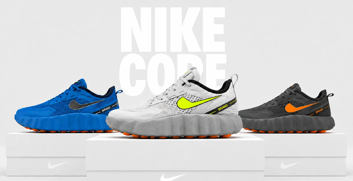 Nike Core running shoes collection featuring blue, white, and black athletic sneakers