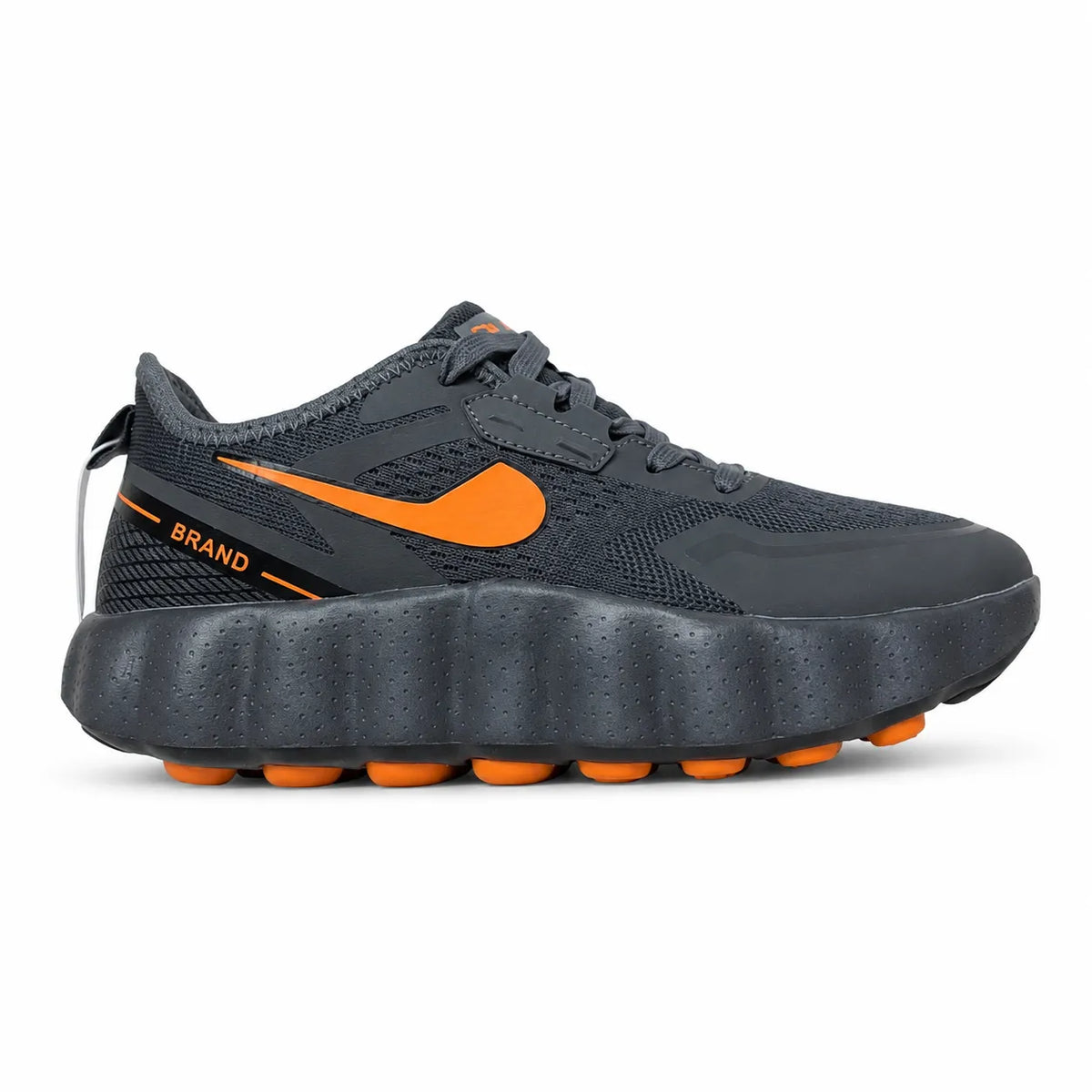 A dark gray athletic sneaker with bright orange accents, including a swoosh logo and outsole details, shown from a side profile on a white background.