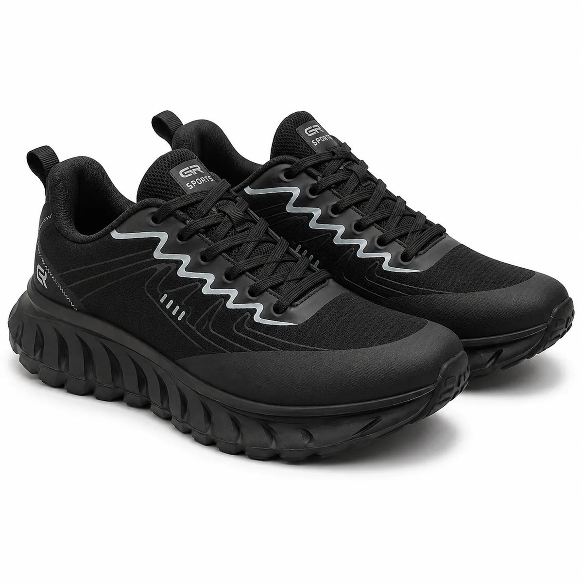Pair of black athletic shoes on a white background