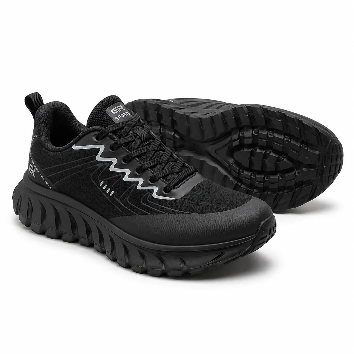 A pair of black athletic sneakers with a wavy silver accent stripe on the side, shown against a plain white background. One shoe is positioned in front showing the side profile, and the other is behind showing the textured outsole.