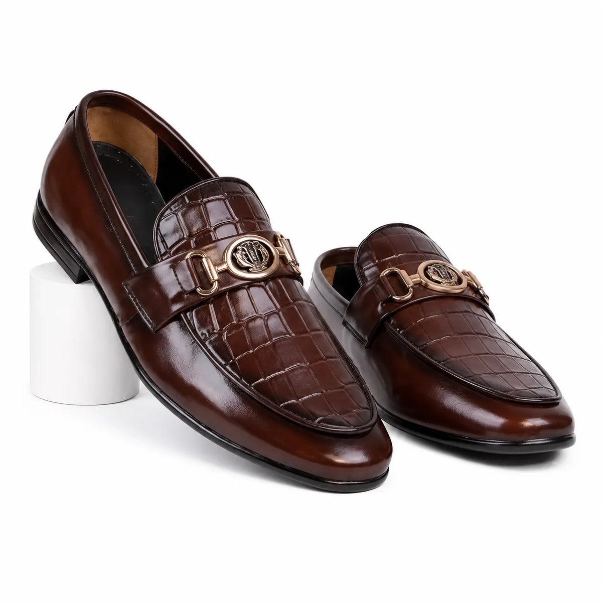 Premium brown leather formal loafers for men with crocodile embossed design
