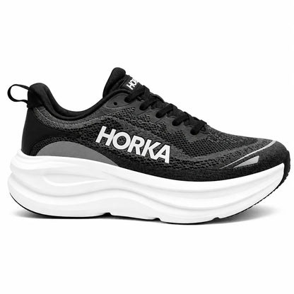 Pair of black HORKA running shoes with a thick white cushioned sole, showcased in a high-quality studio product image on a white background.