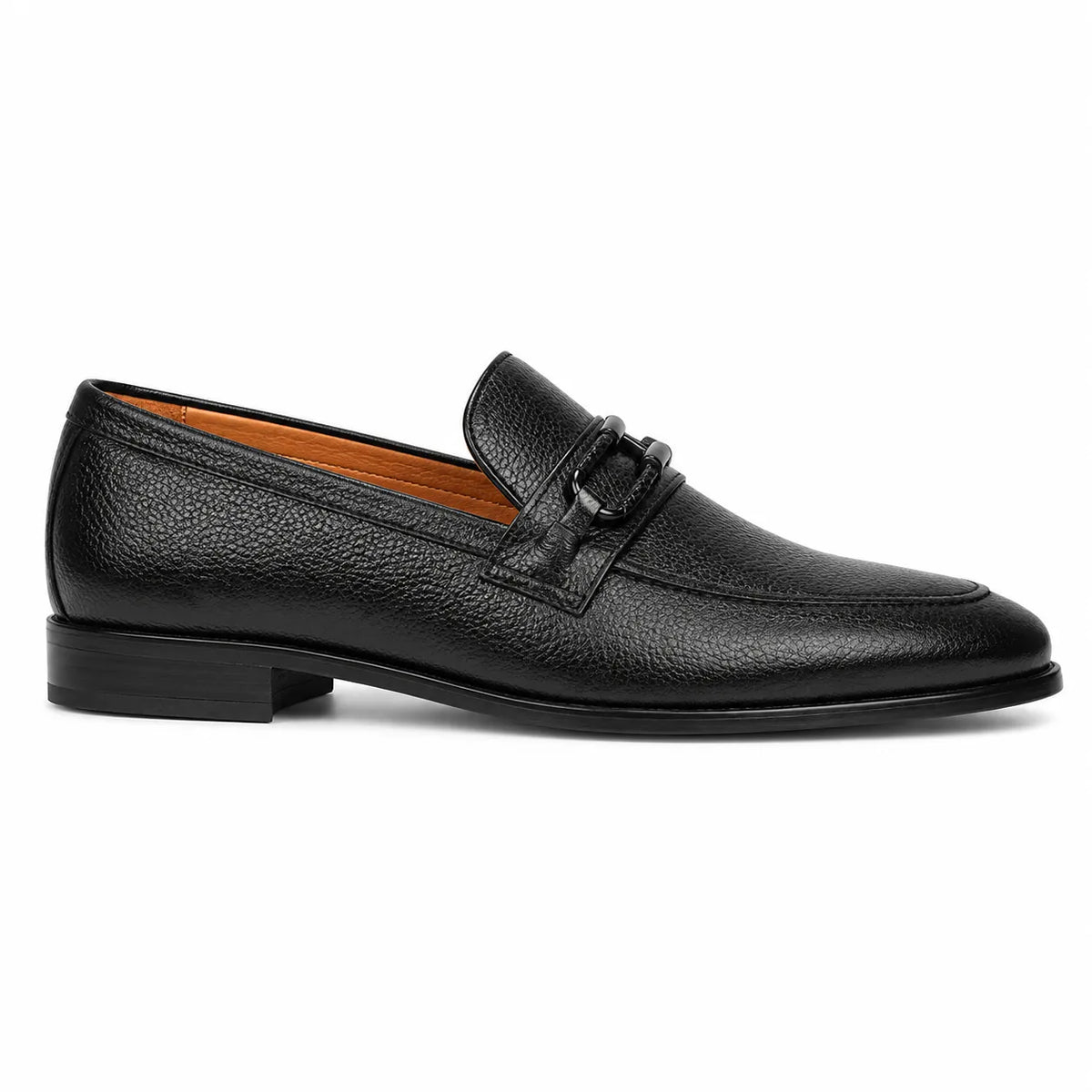 A single black leather penny loafer with a textured grain finish, low stacked heel, and a decorative strap detail on the vamp,