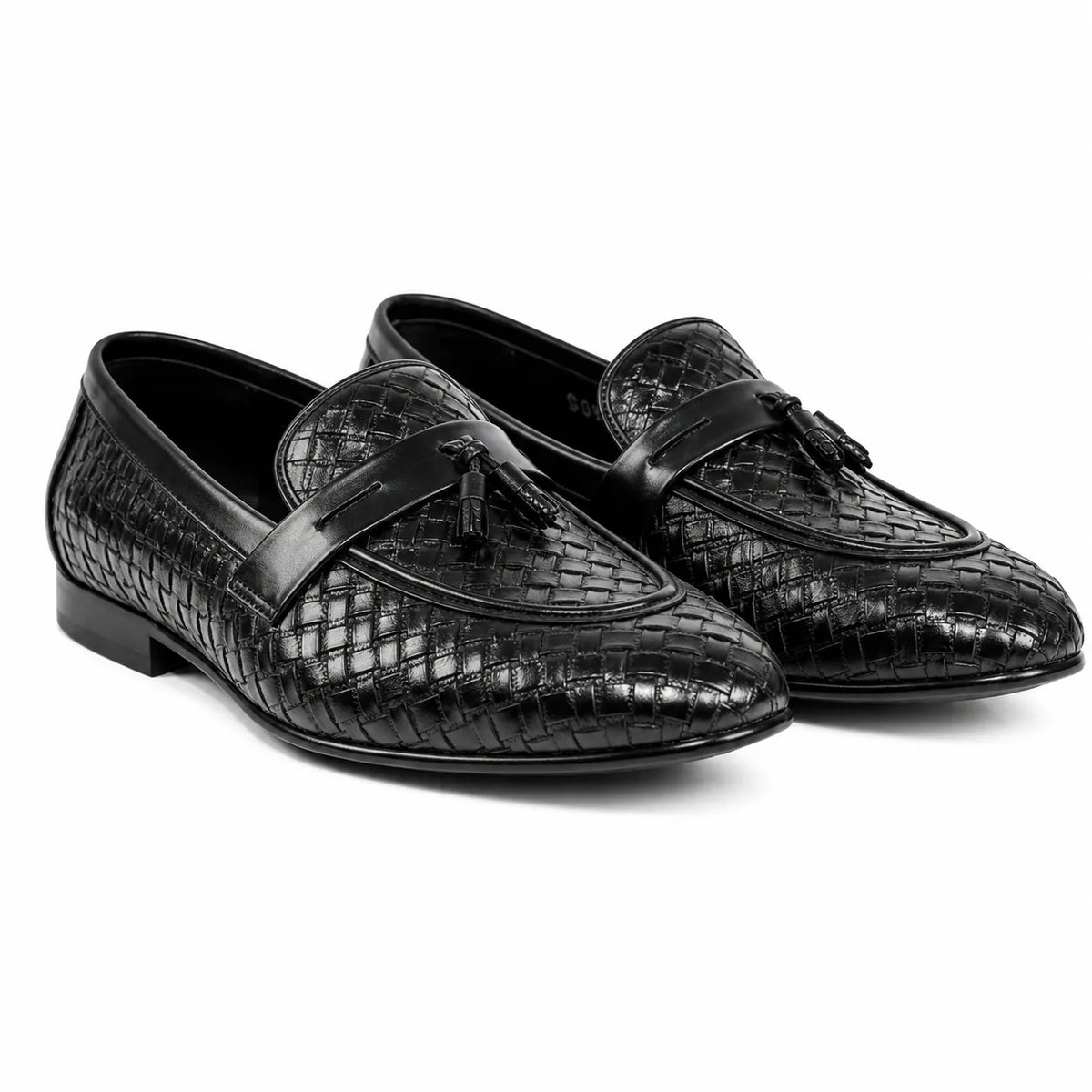 Premium black textured leather loafers for men front view studio product image