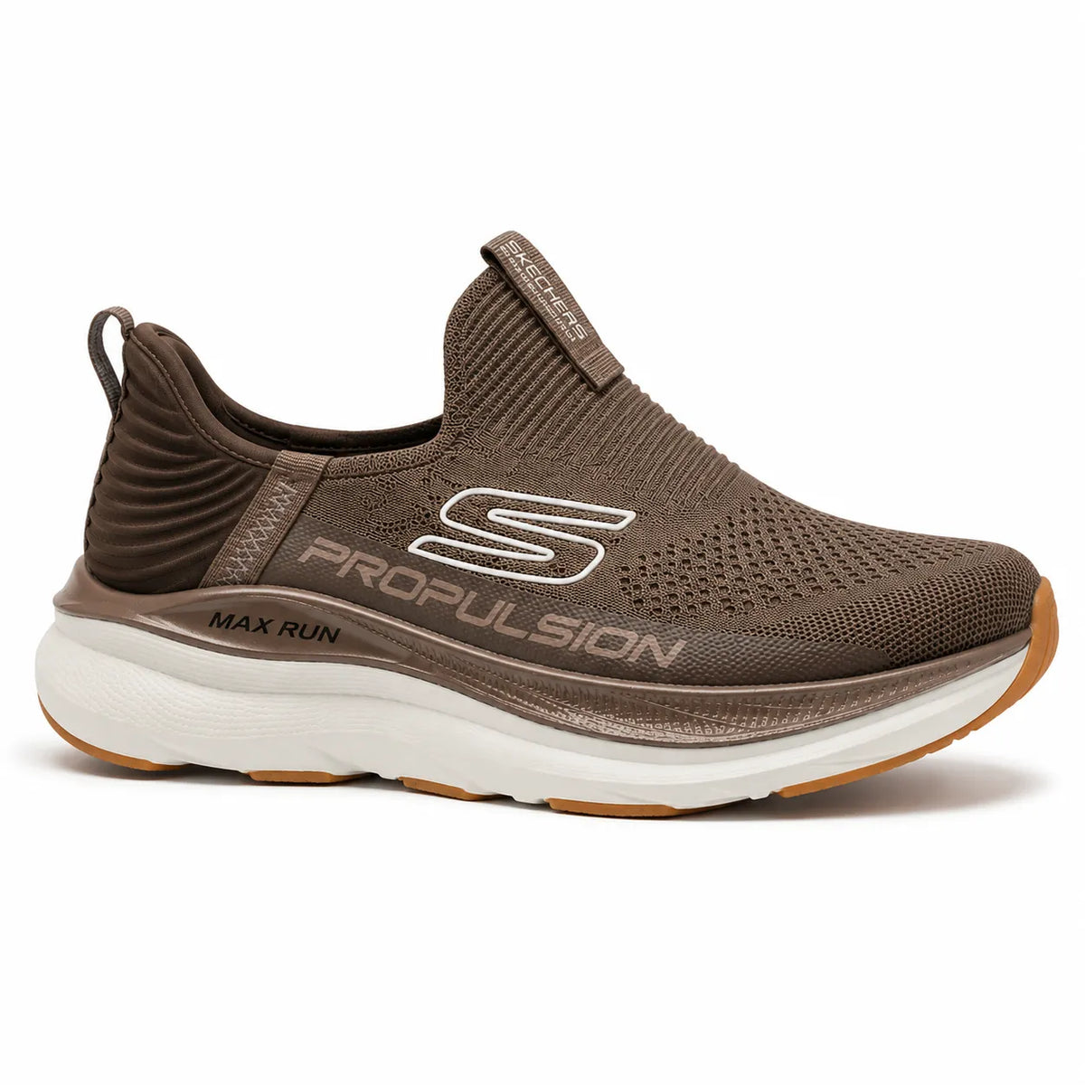 A brown Skechers Propulsion slip-on running shoe with a white midsole and a gum outsole, shown from a side profile on a white background.