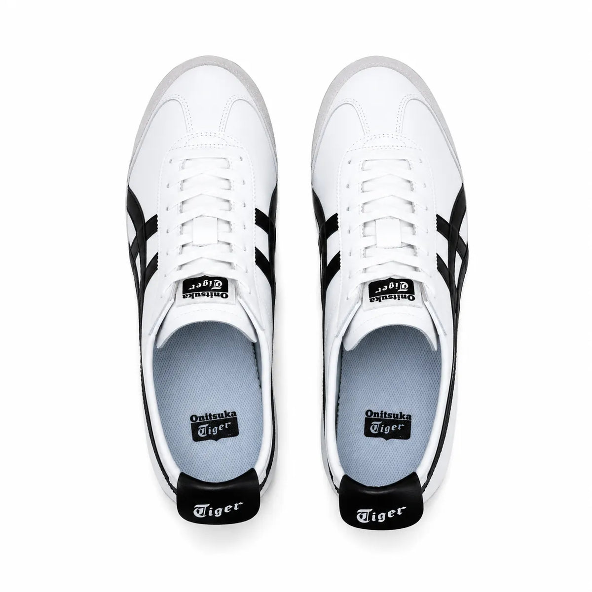 A pair of white and black Asics sneakers shown from a top-down view on a clean white background.