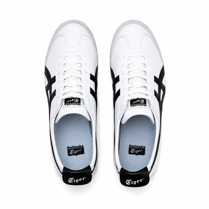 A pair of white and black Asics sneakers shown from a top-down view on a clean white background.