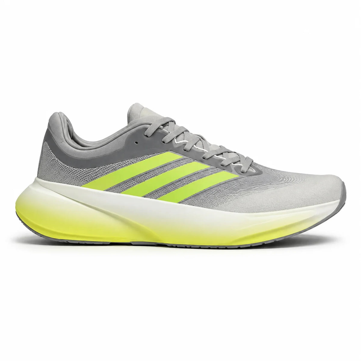 A gray Adidas running shoe with three bright neon yellow stripes and a matching neon yellow-to-white gradient midsole, shown in a side profile on a white background.