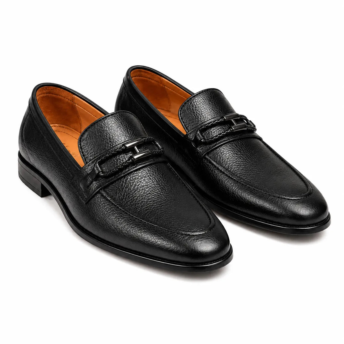 Black leather men's loafers with metal buckle 