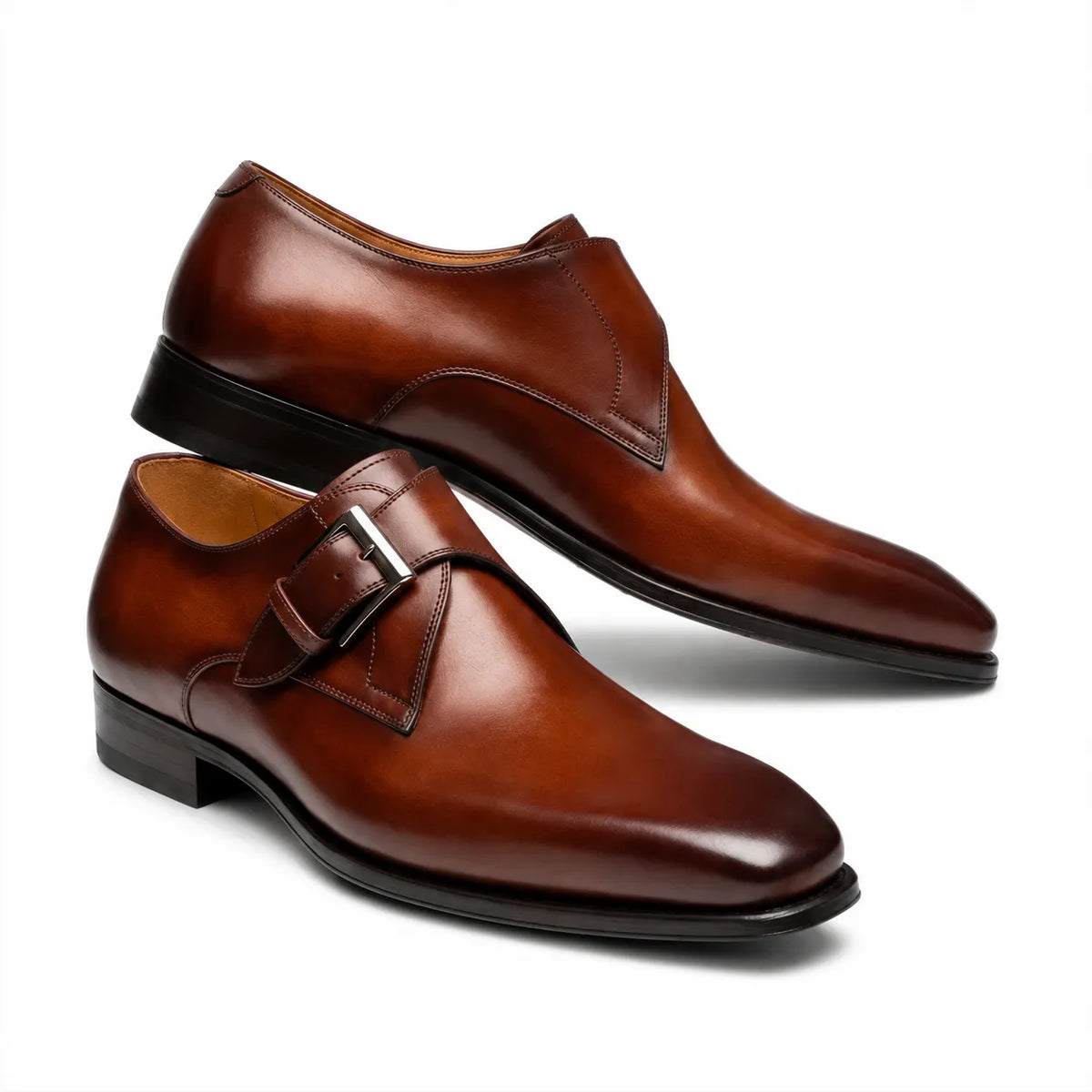 brown leather monk buckle strap shoes for men