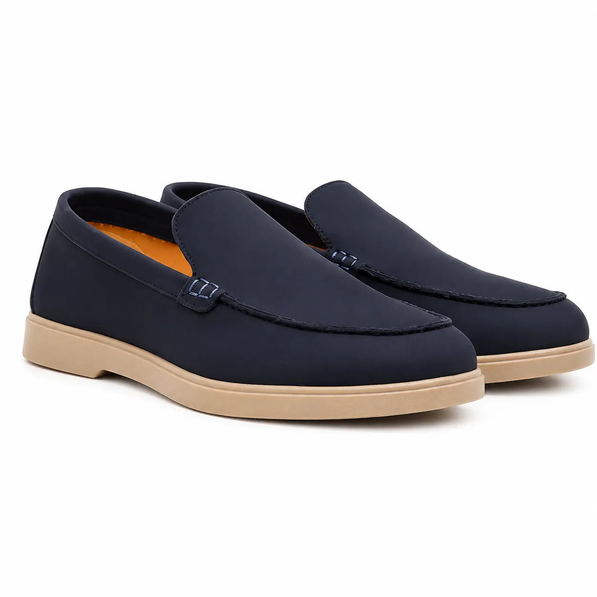 Premium navy blue casual loafers for men with lightweight beige outsole