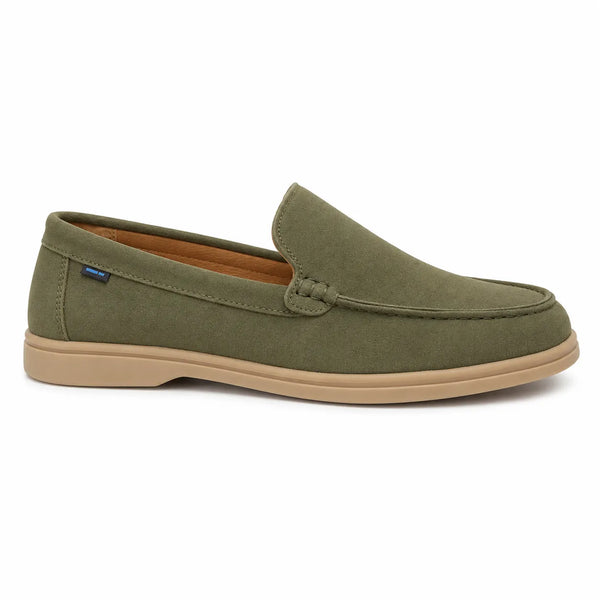 An olive green suede slip-on loafer with a tan sole, shown in a side profile