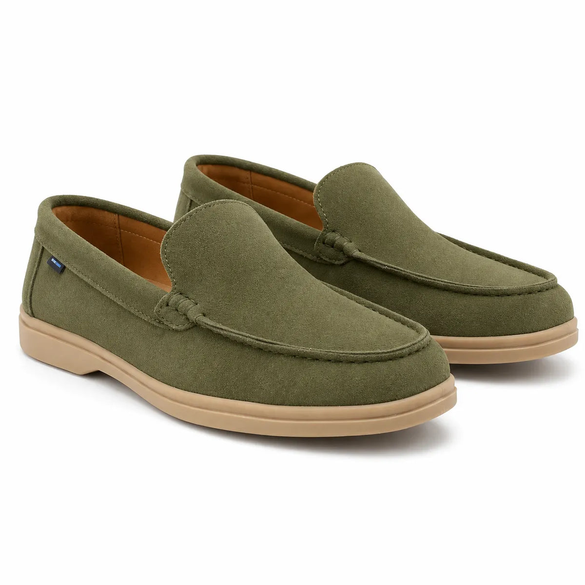 Premium men's casual slip-on loafers in olive green with moc-toe stitching.