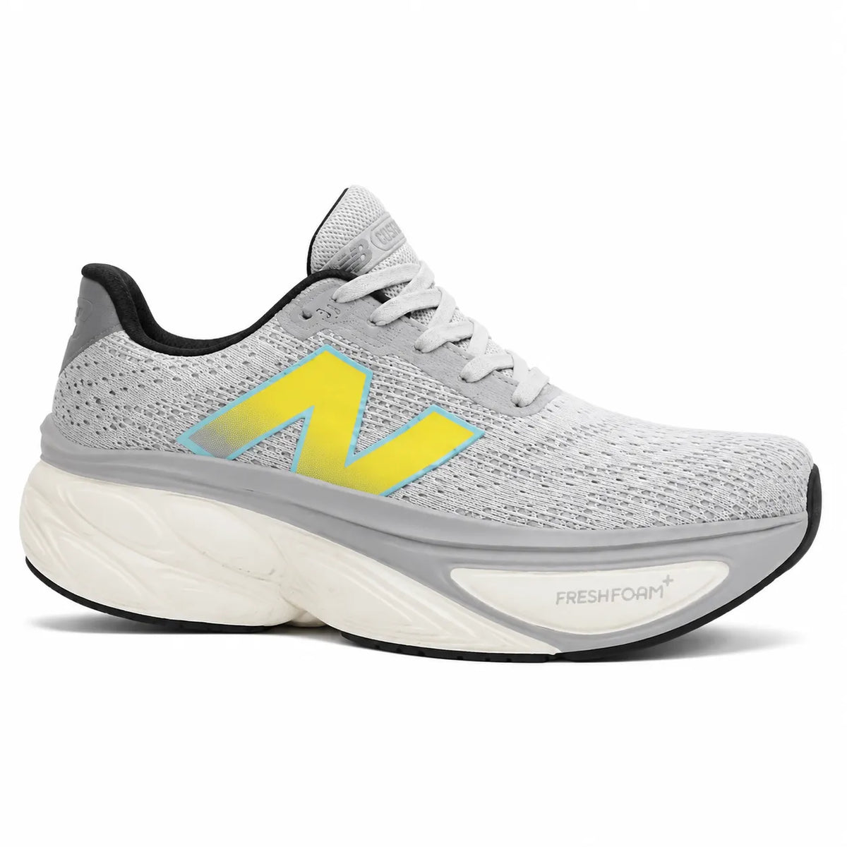 A pair of New Balance 9060 running shoes in light gray and white with a prominent yellow 'N' logo on the side, shown against a plain white background.