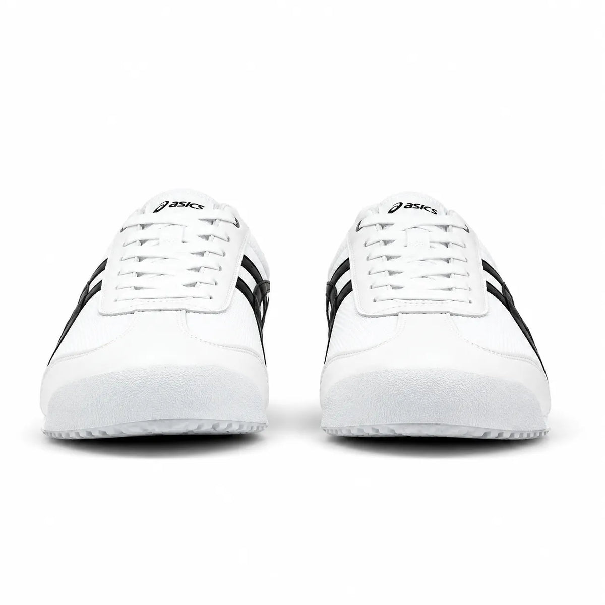 A pair of white Asics sneakers shown from the front on a clean white background.