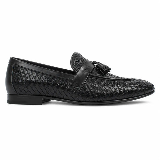 A single black woven leather loafer with a tassel strap