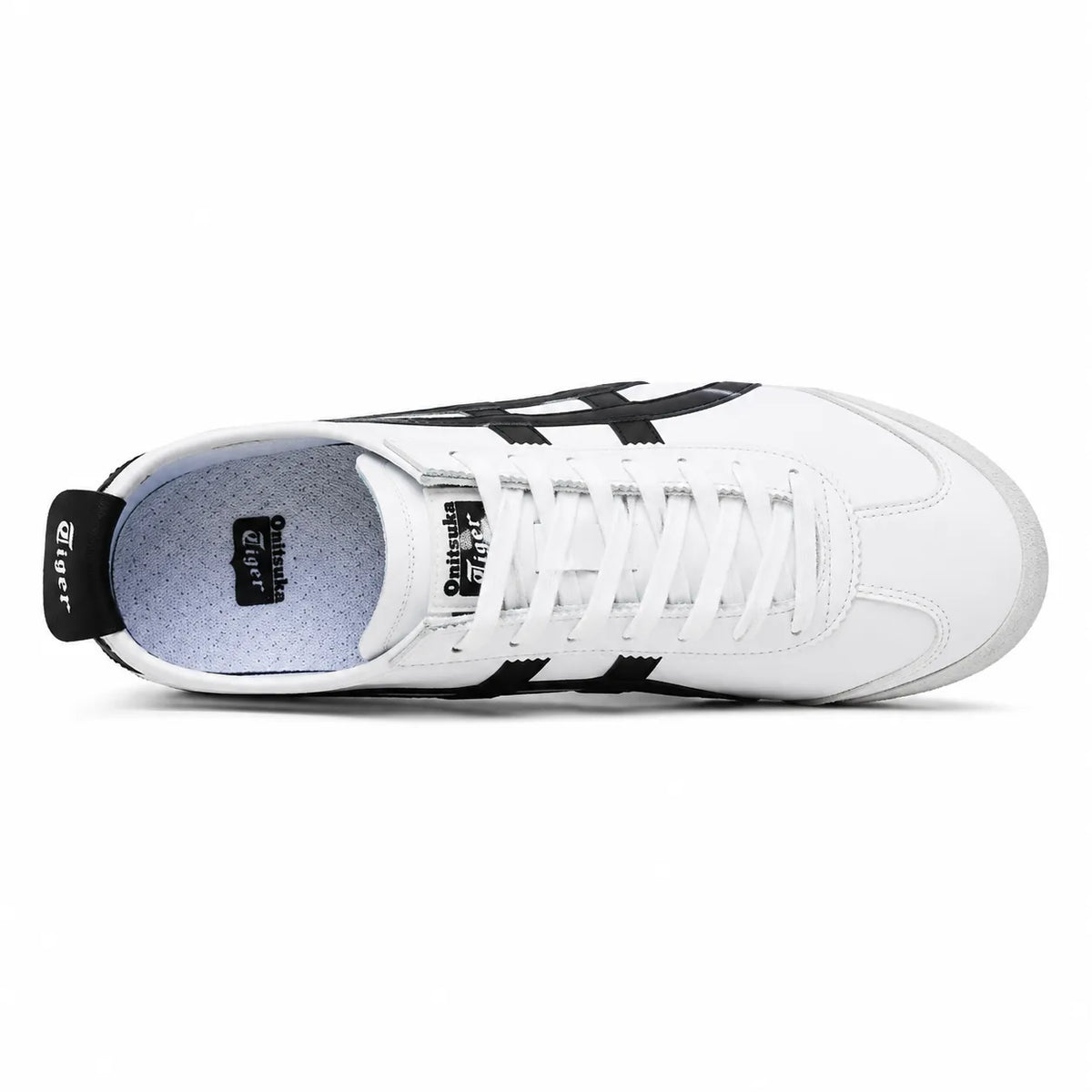 A white Asics sneaker shown from a side profile view against a clean white background. The shoe features black tiger stripes, a black heel pull tab with 'GEL-LOT' text, and a light blue speckled insole.