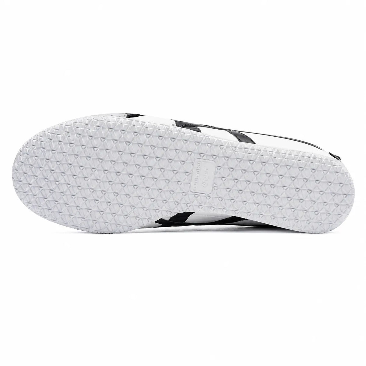 The white textured outsole of a black and white sneaker, viewed from underneath against a plain white background.